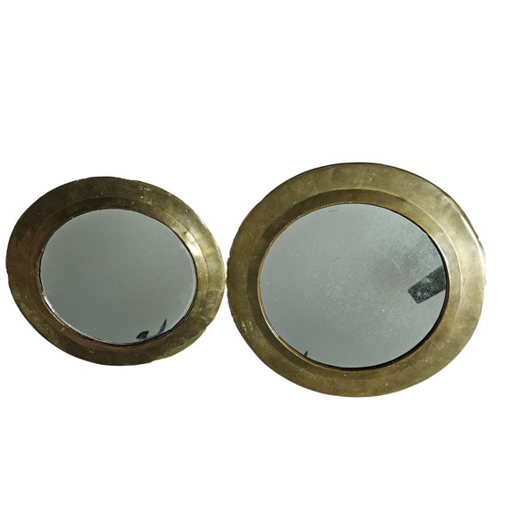 Vintage Set of 2 Round Hanging Wall Mirrors Brass Finish Home Decor Accent - Picture 2 of 13